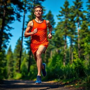 A person is running on a forest trail, showcasing perfect footwork in an orange tank top and shorts with blue shoes. Tall trees line the path under a clear blue sky.