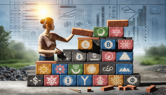 A person building a foundation with bricks labeled as budgeting fundamentals, against a clear financial landscape.