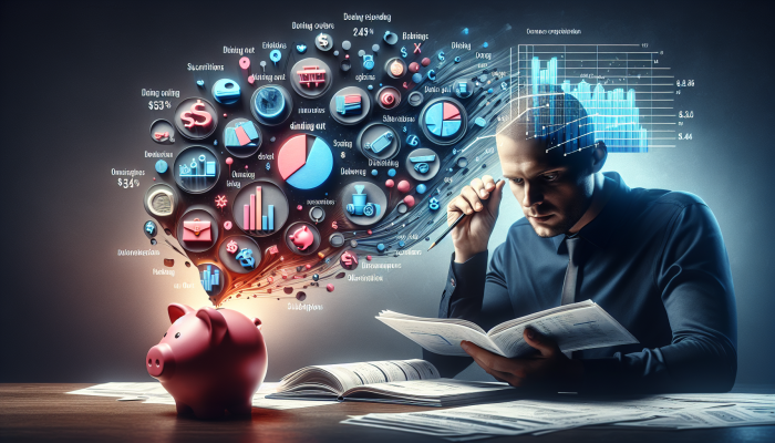Person reviewing expenses on spreadsheet, highlighting dining out and subscriptions, with growing piggy bank in background.