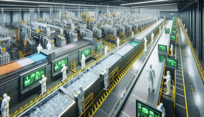 Advanced recycling facility with futuristic machinery processing clear plastics, workers in hazmat suits, high-tech environment.