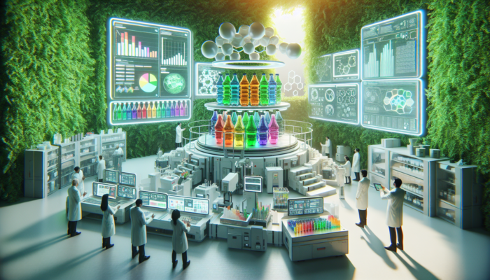 Scientists in a futuristic lab observing enzymes breaking down colorful plastic bottles into monomers, surrounded by lush greenery.