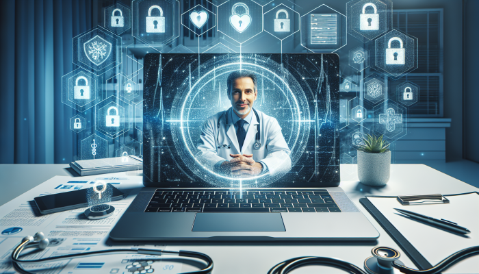 A secure telemedicine session on a laptop with digital locks and encryption symbols, reassuring a calm patient.