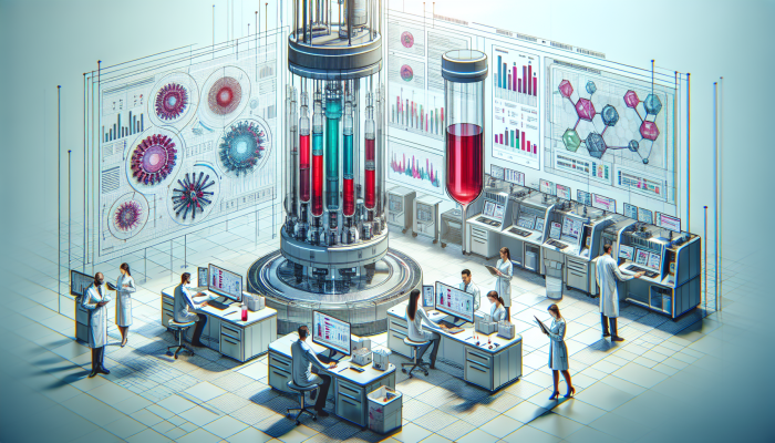 High-tech lab analyzing blood samples with automated systems and digital screens, ensuring accuracy and efficiency.