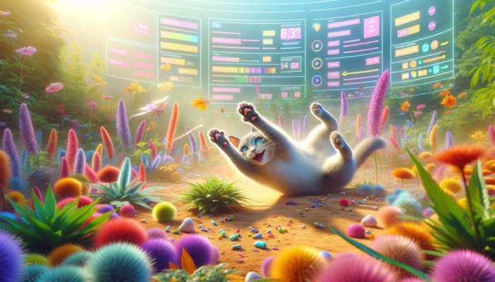A cat joyfully playing and rolling among colorful catnip plants in a whimsical garden, glowing softly.