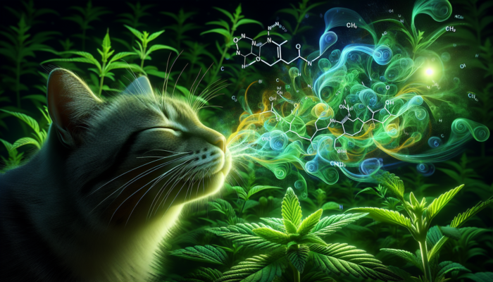 A cat in euphoria amidst green catnip, with nepetalactone molecules swirling around its nose.