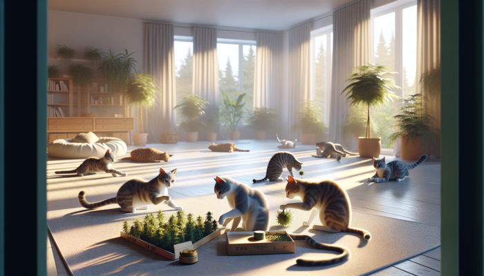 Cats playing energetically with catnip toys in a serene room, showcasing feline enrichment benefits.