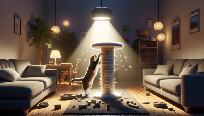 A cat scratching a catnip-sprinkled post, ignoring furniture, in a cozy room, demonstrating effective behavior training.
