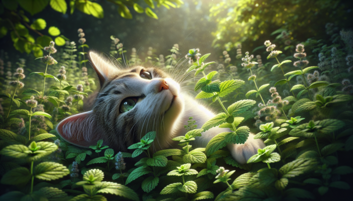 Cat sniffing and rolling in Nepeta cataria, showcasing the herb's effect on felines.