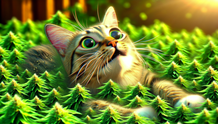 Cat intensely sniffing and rolling in vibrant green catnip in a sunlit garden.