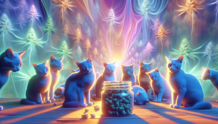 Anxious cats relaxing with catnip, surrounded by soft colors and gentle light, during stressful situations.