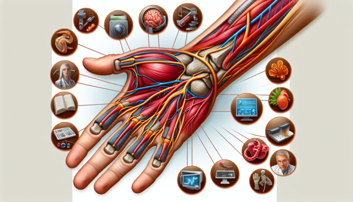Anatomical illustration of wrist with carpal tunnel syndrome, showing nerve compression and related risk factors.