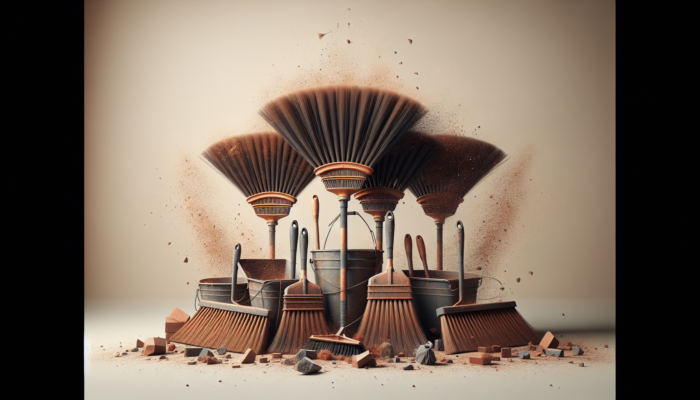 Post-Clearance Tidy-Up: Sturdy brooms and dustpans with debris on a clean, minimalist background.
