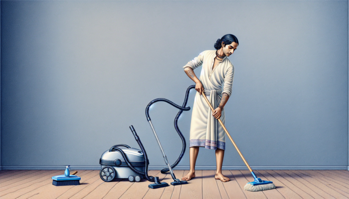 Person using vacuum, mop, and duster effectively on cleared space, demonstrating tool maintenance and cleaning best practices.