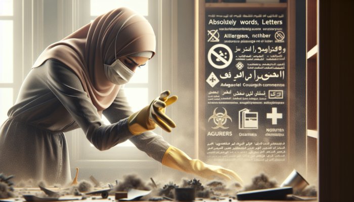 Person wearing gloves and mask cleaning a dusty, debris-filled room for safety and protection.