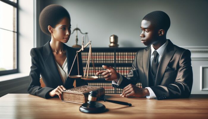 Person consulting lawyer in office, pointing at legal document, with justice scale and law books.