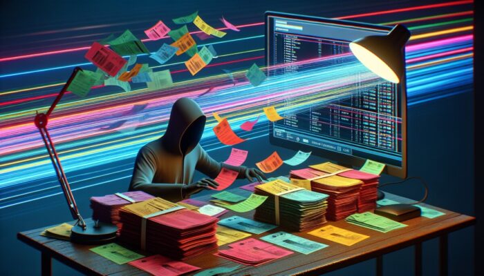 Person organizing receipts and invoices on desk, laptop showing electronic payment records for rental dispute documentation.