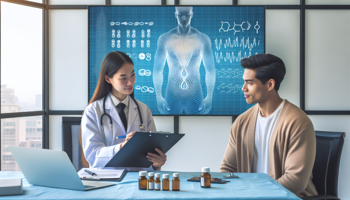 A patient and doctor reviewing medications on a clipboard in a medical office with a testosterone chart.