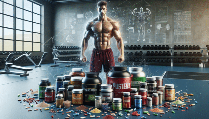 A muscular athlete with supplements and fitness equipment on a gym floor, showcasing physical gains.