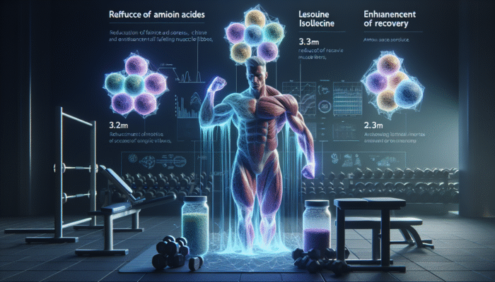 Illustration of leucine, isoleucine, valine fueling muscle fibers, reducing fatigue and soreness in a gym setting.