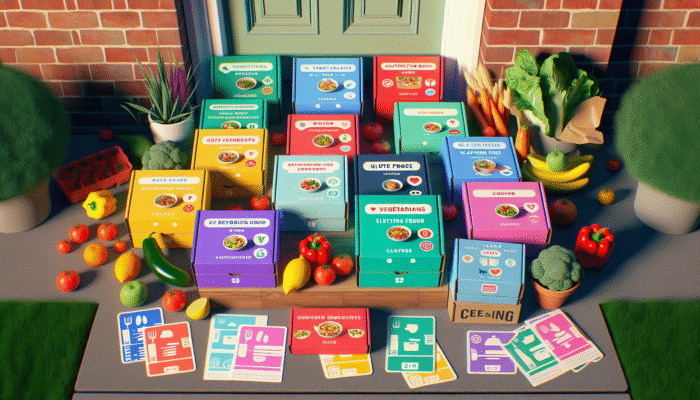 Colorful meal kits on doorstep, labeled vegetarian, gluten-free, with fresh ingredients and recipe cards.
