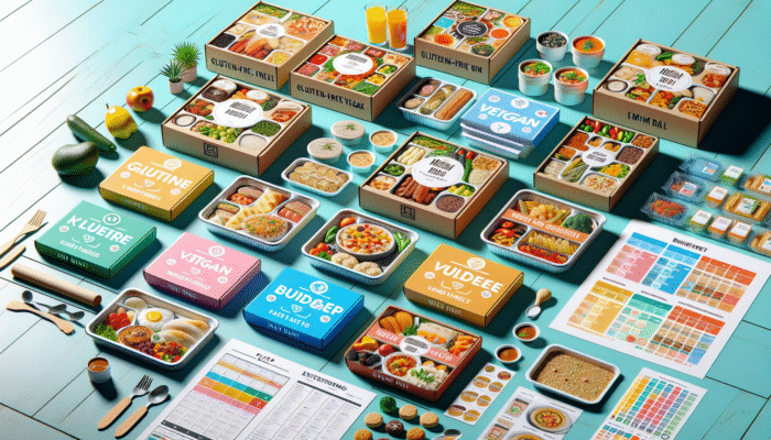 Diverse meal kits on a kitchen counter, showing gluten-free, vegan, meat options with budget labels.