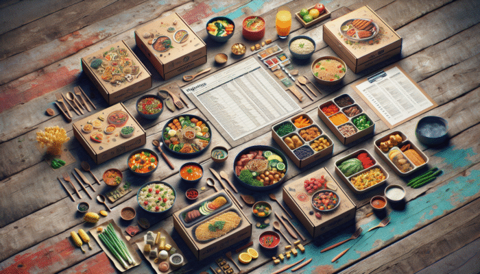 Diverse meal kits on a rustic table, showcasing Italian, Asian, vegan options with price tags.