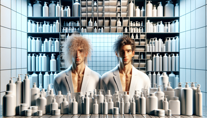 Person with dry hair from over-washing next to another with healthy hair from limited washing in a modern bathroom.