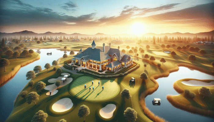 Aerial view of Graaff Reinet Golf Club's luxurious facilities at sunset, with golfers on pristine greens.