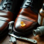 Brown leather shoes being polished with candle wax, surrounded by a small knife, a cloth, a bottle of leather conditioner, and a polishing brush on a wooden surface.