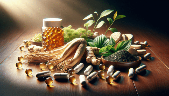 Natural energy supplement ingredients including ginseng, B-vitamins, and green tea extract displayed on a wooden table.