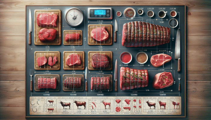 Beef roasts of varied sizes and shapes on a counter equipped with a scale and cooking chart.
