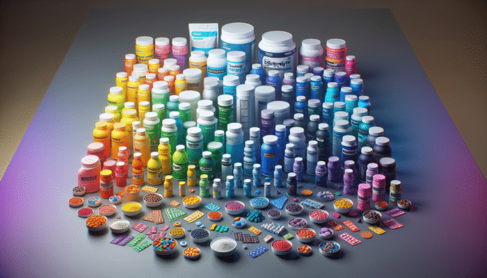 A vibrant selection of electrolyte supplements available in various forms, including powders, tablets, and drinks, displayed on a table.