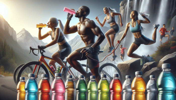 Colourful ready-to-drink electrolyte beverages showcased, with athletes hydrating during intense workouts.