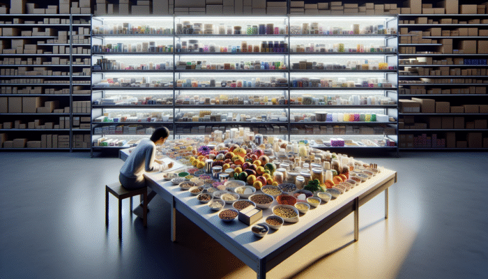 Organising items into labelled categories on a table with neatly sorted shelves around.