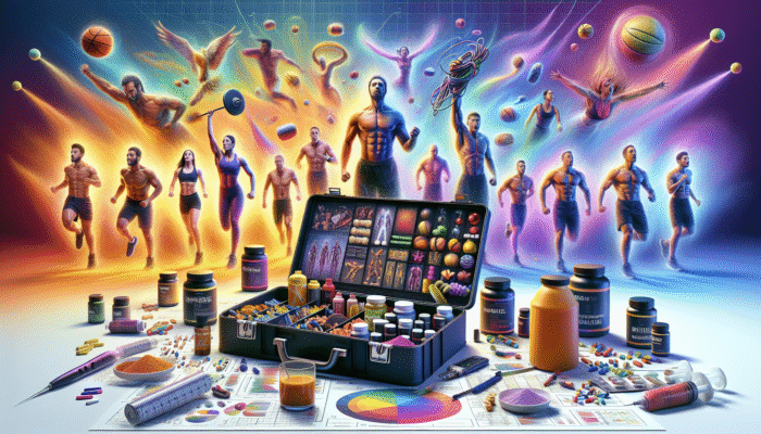 A toolkit labelled "Recovery Stacks" featuring various supplements, surrounded by athletes demonstrating muscle recovery and vitality.