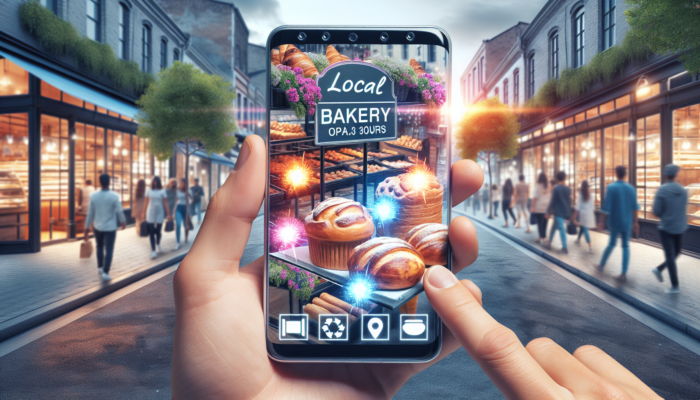 A local bakery's Google My Business profile on a smartphone, showcasing pastries, hours, and reviews, set against a vibrant street backdrop.
