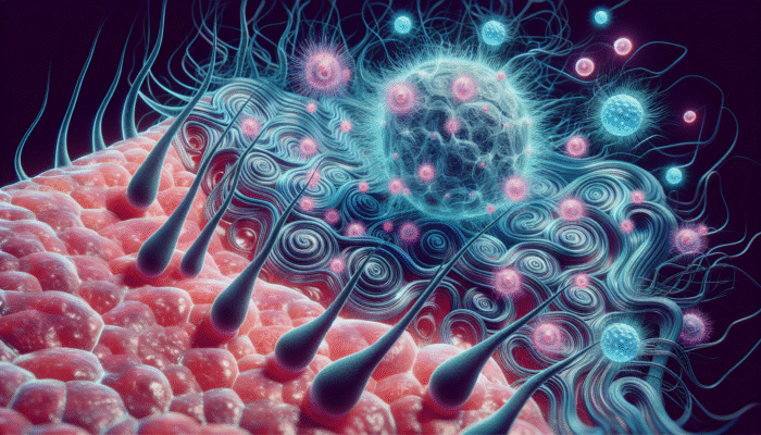Microscopic view of hair follicles affected by swirling cortisol and adrenaline due to chronic stress.