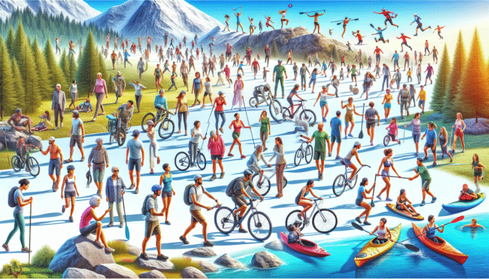 A vibrant collection of hiking, cycling, kayaking, and rock climbing in picturesque landscapes under a clear blue sky.