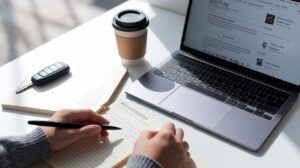 A person jots down notes with a pen next to an open laptop displaying text. On the desk, there is a takeaway coffee cup, a closed notebook, and a car key—suggesting they are reading car rental reviews for essential tips in this bright and focused workspace.