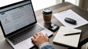 A person is using a laptop on a desk cluttered with a coffee cup, notepad, pen, wallet, car key, and documents. The open laptop displays car rental reviews and tips for renting a car, indicating they're reading reviews as part of their work or study session.