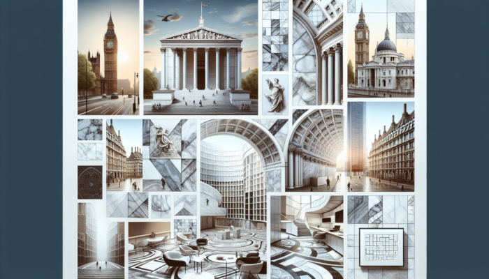 Collage of UK architecture featuring marble: St. Paul's columns, British Museum flooring, modern facades.
