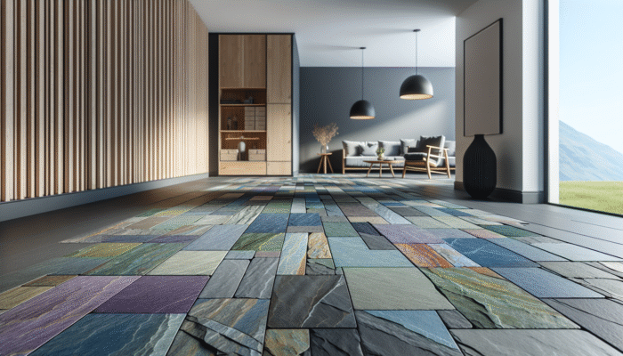 Slate Floor Maintenance: Welsh slate flooring in a modern UK home, showcasing a spectrum of deep blues, purples, greens, and greys.