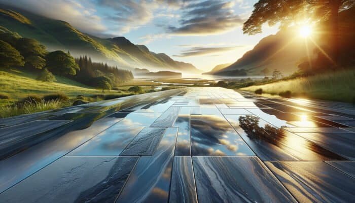The Value of Waterproofing Stone Floors in Inverclyde: A picturesque landscape displaying a beautifully waterproofed stone floor that reflects its vibrant surroundings, showcasing durability and protection.