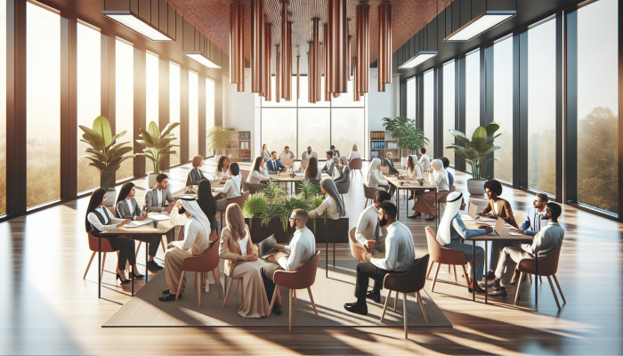 A diverse group of professionals engaging in a conflict resolution workshop, fostering trust and growth in a serene office.