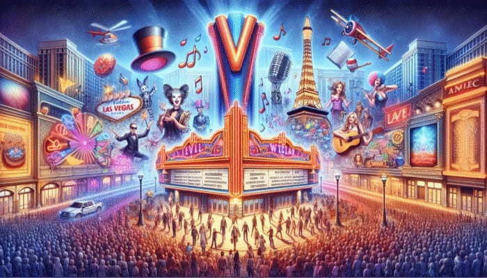 A vibrant Las Vegas mall featuring V Theater, showcasing diverse live performances including magic, music, and comedy.