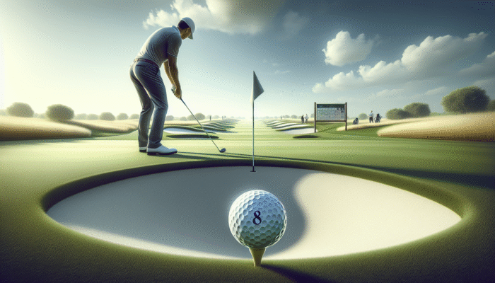Golfer focusing on a precise shot on Bryanston's challenging 8th hole with narrow fairway and bunkers.