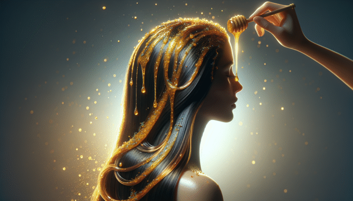 Person applying honey to scalps, surrounded by healthy hair, with a healing glow.