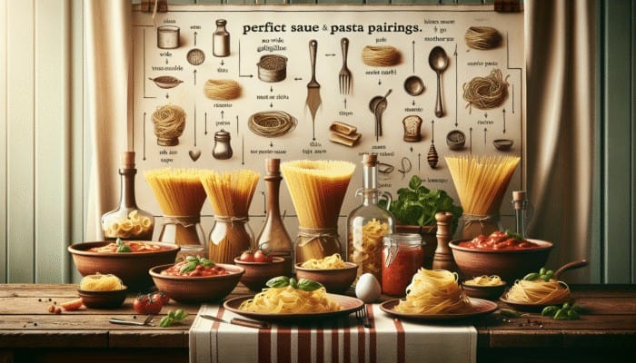 A rustic Italian table featuring tagliatelle with meat ragu, angel hair with light tomato sauce, highlighting perfect pairings.