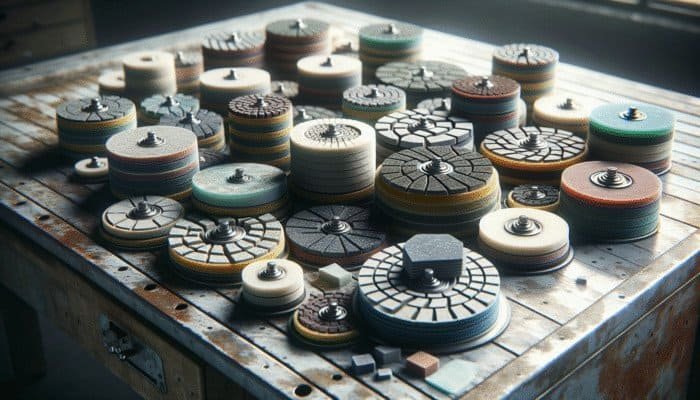 Diverse selection of polishing pads on a workbench designed for stone floors, featuring diamond and resin types.