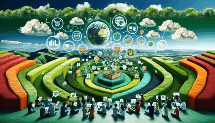 Infographic illustrating sustainable living trends, zero-waste tips, and eco-friendly product reviews, featuring diverse consumers engaged with digital devices.